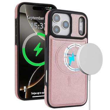 Imagem de HAOMRIYL Capa magnética para iPhone 17 Pro Max/17 Pro/17 Air/17, capa de telefone fina de couro proteção para câmera retrô Business à prova de choque, rosa, 17