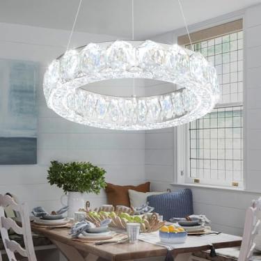 Imagem de WOSOHYUN Lustre de cristal moderno de 40,64 cm Lustres de luxo prateados para sala de jantar luminária pendente suspensa redonda para sala de estar cozinha entrada quarto