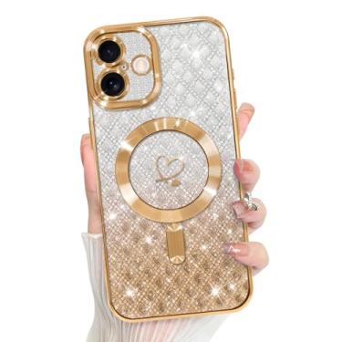 Imagem de Bonoma Compatível com capa de telefone 2025 suporte para MagSafe, capa quadriculada magnética com glitter coração chapeado TPU proteção da câmera capa traseira para meninas e mulheres - ouro