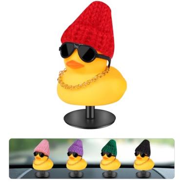 Imagem de AILOVETECK Pato de painel com suporte de plugue de pato, patos de carro para painel, patos de borracha para decoração de carro, acessórios engraçados para painel de carro, pato amarelo com chapéu de