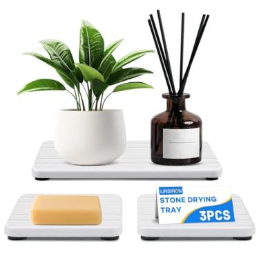 Imagem de LINSIRON 3 peças de bandeja de pia de pedra de diatomita, bandejas de pedra que absorvem água para banheiro, pias de cozinha, bancadas, bandejas de secagem rápida, suporte de armazenamento para