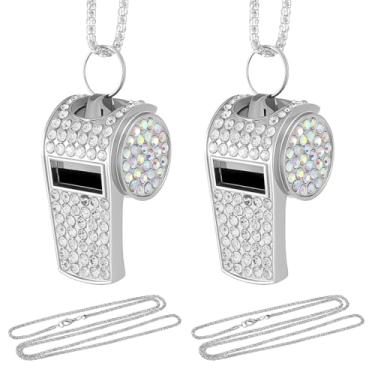 Imagem de Molain Pacote com 2 apitos de strass brilhantes com cordão, apito de metal para esportes de emergência, acessórios, som alto e nítido para treinador, capitão, árbitro, professor (prata)