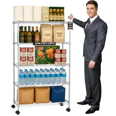 Imagem de Prateleira de arame DBJ com 5 níveis para armazenamento, metal cromado, organizadores utilitários resistentes, unidades de organização para produtos para despensa de plantas, prateleiras, lavanderia, 76,2 cm L x 35,5 cm P x 152,4 cm A, com rodas