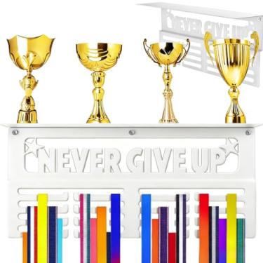 Imagem de Tlence Exibição de cabide de medalha com prateleira de troféu, rack de prêmios de metal de 40 cm para corrida de corrida, suporte para exibição de fita esportiva Never Give Up Cheer, mais de 50