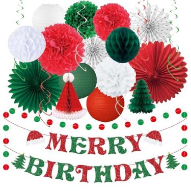 Imagem de Crenics Decorações de aniversário de Natal - Banner de feliz aniversário, pompons de papel, lanterna, ventiladores, chapéu de Papai Noel, guirlanda de bolinhas circulares, pinheiro de tecido e