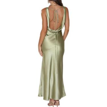 Imagem de Vestido maxi VUBIYA elegante de cetim com decote em V sem encosto para