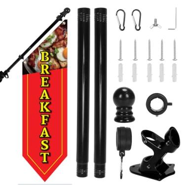 Imagem de Kit de banner de bandeira de café da manhã frente e verso resistente – Placa de lona externa de 106 x 30 cm com poste e suporte de metal para restaurante, café, caminhão de comida, publicidade de