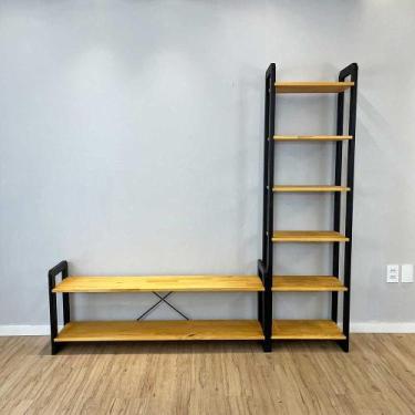 Imagem de Rack de TV de Madeira Pinus com Estante 6 Prateleiras Slim Linea Nozes