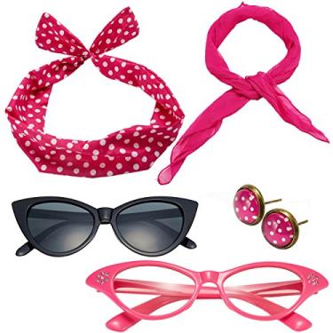 Imagem de Conjunto de acessórios de fantasia dos anos 50, cachecol de chiffon, óculos olho de gato, bandana e brincos, Rosa choque, One Size