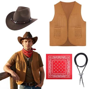 Imagem de ZPEGeigy 4 peças de roupas ocidentais para homens caubói borla colete chapéu gravata bolo ocidental bandana Paisley para fantasia cosplay de Halloween, Marrom, G