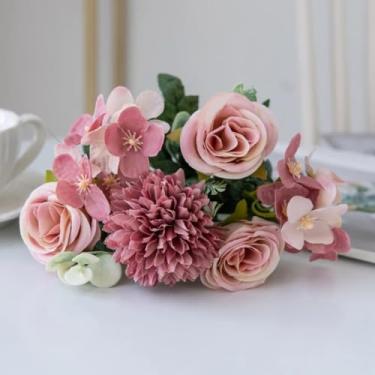 Imagem de Flores artificiais, rosas, crisântemos, buquês de noiva de seda, casamento, jardim ao ar livre, festival, sala de estar, vasos de mesa (1 peça/rosa escuro)