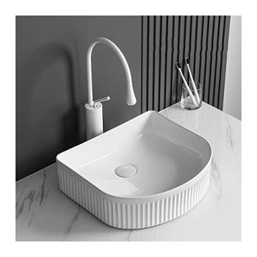 Imagem de Pias de banheiro 40.6 cm x 35.6 cm Pia de banheiro, pia de vaso de cerâmica acima do balcão com torneira, pia de vaso de pia branca (cor: conjunto de torneira branca)