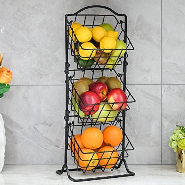 Imagem de Cesta de frutas de 3 camadas para balcão ou chão de cozinha – Cesta de frutas para frutas para frutas, legumes e lanches – Suporte de armazenamento de cesta de metal
