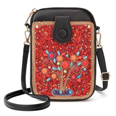 Imagem de Ayuoejik Bolsa transversal feminina pequena para celular, carteira Boho com contas e estampas requintadamente feitas à mão, Árvore vermelha, Decorativo