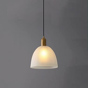 Imagem de Luminária pendente moderna de vidro com nervuras e detalhes em madeira para ilha de cozinha e sala de jantar, lustre E27 Mini de cabeça única