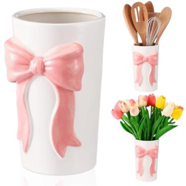 Imagem de LemonRoad Porta-utensílios de cerâmica com laço rosa 3D, utensílio de cozinha, pote de armazenamento, organizador de vaso decorativo, suporte de lápis para cozinha, bancada, escola, presente de