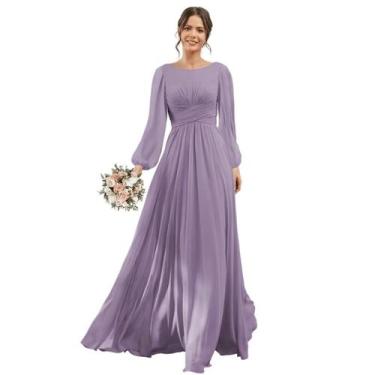 Imagem de Vestido de dama de honra YOFF 2024 Wisteria Chiffon de mangas comprida