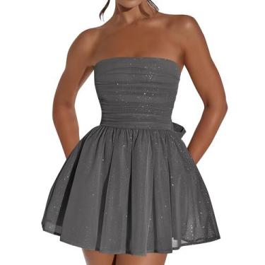 Imagem de Vestido de boas-vindas Blawhee Glitter Tule cinza sem alças