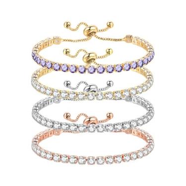 Imagem de QLYOVWE 4 peças de pulseira de tênis ajustável de luxo para mulheres, banhado a ouro 14 K, zircônia cúbica, moda, casamento, Natal, presente, Medium, Metal, Zircônia cúbica