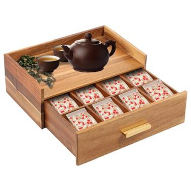 Imagem de Organizador de chá de madeira, caixa de armazenamento de café de grande capacidade, armazenamento em camadas, suporte de saco de café com 8 divisórias e gaveta para escritório em casa (cor de tronco