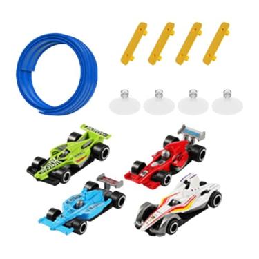 Imagem de Almencla Conjunto de pista de corrida flexível, ventosas fortes, rampa divertida faça você mesmo com 4 mini modelos de carros para crianças, Azul