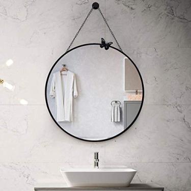 Imagem de Espelho de banheiro montado na parede espelho penteadeira nórdica redonda parede pendurado preto metal decorativo para sala de estar/quarto/penteadeira 50 cm