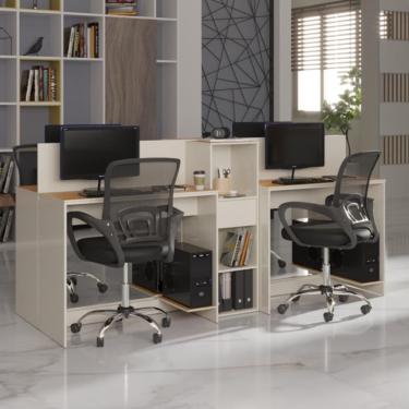 Imagem de Estação De Trabalho 4 Lugares Office Tech 4 Mesas 2 Armários - Off White E Cedro Off White E Cedro