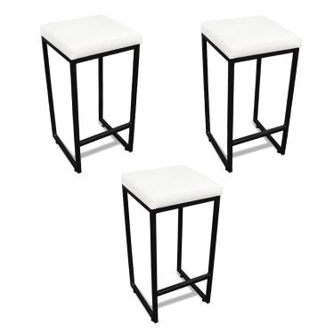 Imagem de Banqueta Alta para Cozinha Industrial Kit 3 Nick Preto e Sintético Branco D03 - D'Rossi