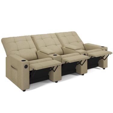 Imagem de Poltrona do Papai Reclinável Cinema 3 Lugares Manual Baú USB Haifa F05 Linho Bege - Lyam Decor