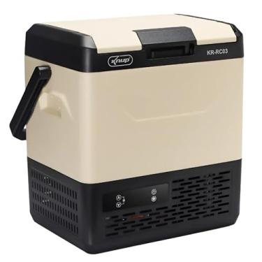 Imagem de Mini Geladeira Portátil Automotiva, 15L, Bege e Preto, Display Digital LED, 12V/24V, Para Carro/Camping, Resfriamento até 0°C, com Alça de Transporte