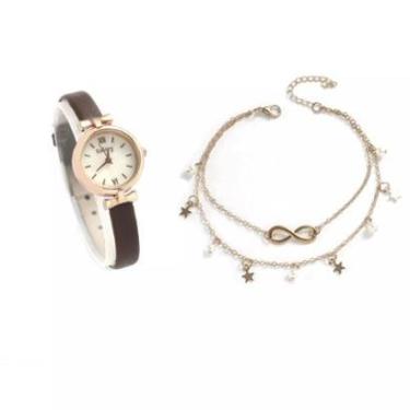 Imagem de Relógio Feminino Dourado Pulseira Marrom Pequeno Kit Jóia-Feminino
