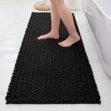 Imagem de ILANGO Tapetes de banheiro pretos 152 x 61 cm, tapetes de banho de chenille absorventes extramacios, tapete de banho grosso, antiderrapante, felpudo, lavável na máquina, tapetes de banho de secagem