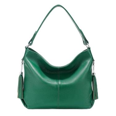 Imagem de Bolsa feminina moderna macia de couro genuíno com borla feminina de ombro bolsa carteiro Hobo, Verde, length*height*width=37x27x10cm