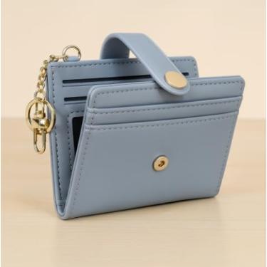 Imagem de Carteira feminina pequena e compacta para cartão de crédito, carteira dobrável de couro sintético com bolso para moedas com zíper e janela para identidade, Azul, Carteira pequena