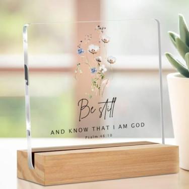 Imagem de Placa de acrílico cristã floral com suporte de madeira, presentes cristãos para mulheres, decorações de mesa motivacionais, presentes inspiradores para mulheres, amigas, colegas de trabalho, Salmo 46