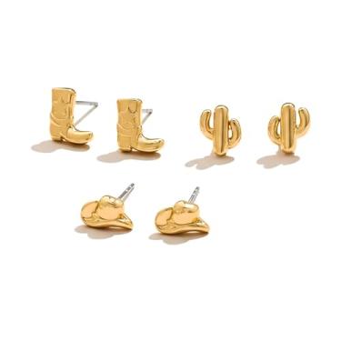 Imagem de MUYAN Brincos de ouro pequenos ocidentais para mulheres, chapéu moderno, botas de cacto, 3 pares de joias estilo country, acessórios de roupa de vaqueira