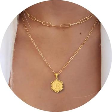Imagem de Colar feminino com inicial em camadas, aço inoxidável banhado a ouro 18K, pingente de clipe de papel duplo A a Z, conjunto de duas correntes destacáveis, 16.5in/ 14+2in, Aço inoxidável, Sem Pedra