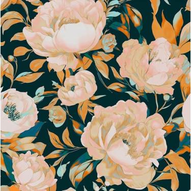 Imagem de Laatse Papel de parede floral laranja verde descascar e colar papel de parede boho 44,5 cm x 299,7 cm flores escuras papel de contato vinil autoadesivo impermeável grande papel de parede floral para