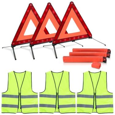 Imagem de NATGAI Pacote com 3 triângulos de alerta de emergência, kit de triângulos reflexivos de segurança na estrada com estojo de armazenamento e 3 coletes de segurança de alta visibilidade, triângulos