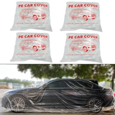 Imagem de Bocarmo Pacote com 4 capas de carro descartáveis de plástico transparente capa universal para garagem, chuva, poeira, com faixa elástica média (30 m x 6 m)