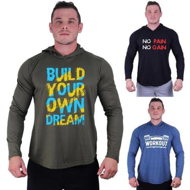 Imagem de Kit 3 Camisetas Manga Longa com Touca Longline Estampada Treino Academia Lazer Casual-Masculino