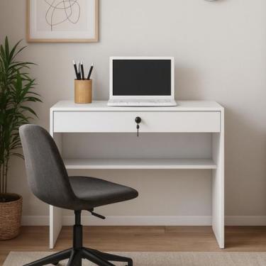 Imagem de Escrivaninha com Gaveta Chave Prateleira Branca Modelo Tesla - Brumato