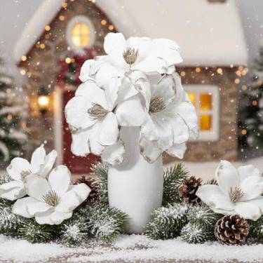 Imagem de Craftsatin 18 peças de flores de magnólia de veludo poinsétia borgonha glitter cabeças grandes flores artificiais magnólia para decoração de casamento suprimentos (branco)