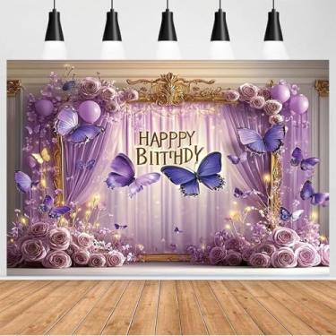 Imagem de Faixa de borboleta feliz aniversário pano de fundo rosa rosa floral país das maravilhas decorações de aniversário para meninas princesa bolo mesa banner cabine fotográfica (A, 18,8 x 1,5 m)