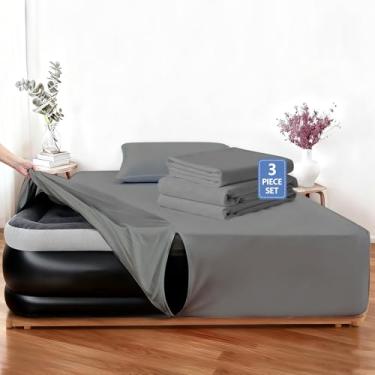 Imagem de Peryiter Jogo de lençol Queen com 3 peças de colchão de ar para cama de 40 a 58 cm, lençol com elástico profundo com abertura inflável, macio, respirável, resistente para hóspedes, acampamentos