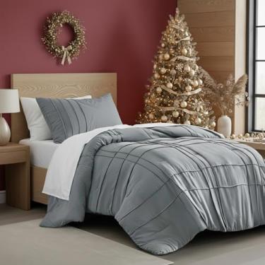 Imagem de Conjunto de edredom solteiro com pregas de beliscar, conjunto de cama de 2 peças com padrão quadriculado, microfibra pré-lavada, leve e fofo, tamanho solteiro, azul/cinza, aquecimento para todas as