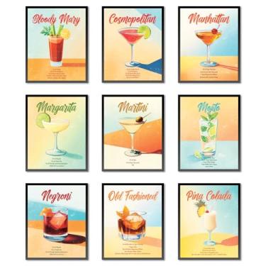 Imagem de 9 peças de arte de parede de coquetéis para cozinha sala estética, colagem de presentes de receita de coquetel vintage para bar, cozinha, casa, quarto, sala de jantar, decoração de parede, sem moldura
