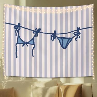 Imagem de STHTTSW Tapeçaria de biquíni litoral azul, tapeçaria de praia preppy cobertor, estética costeira vaqueira decoração de parede para meninas adolescentes mulheres dormitório faculdade apartamento quarto