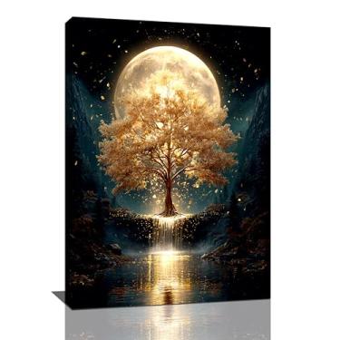 Imagem de Golden Tree Wall Art Fantasy Tree com Lua e Cachoeira Tela Decoração de Parede Imagens Impressões Natureza Mística Arte Emoldurada Decoração Para Meditação Espaço Banheiro Quarto Sala de Estar
