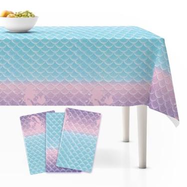 Imagem de Lknnxs Pacote com 3 toalhas de mesa de aniversário de sereia, 137 cm x 274 cm, capas de mesa descartáveis para meninas, decorações de festa para piscina, materiais de festa inspirados no oceano